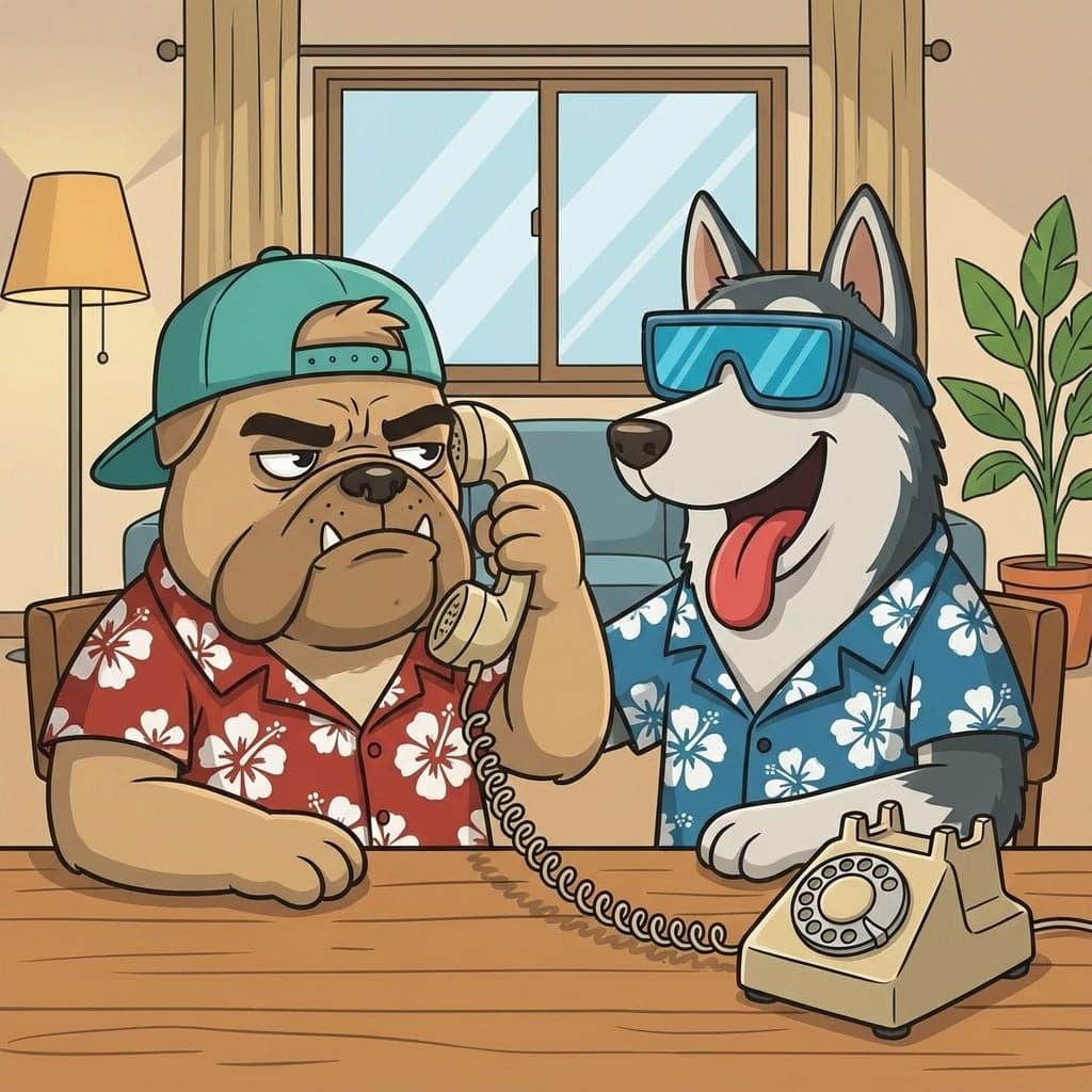 Mascots on the phone at reception