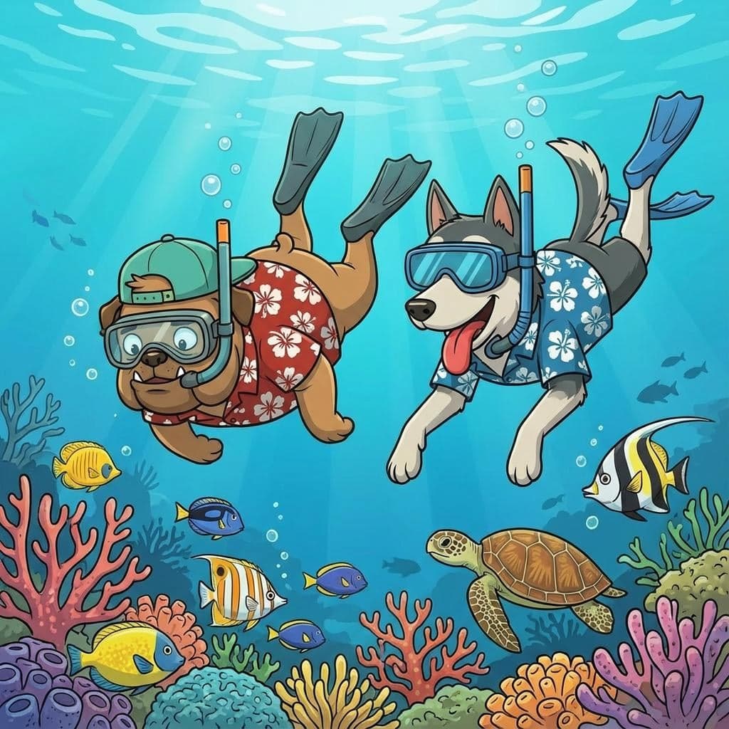 Mascots snorkelling with a turtle