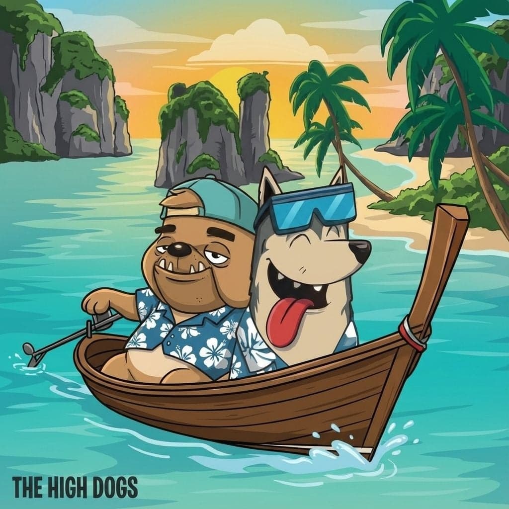 The High Dogs mascots on a longtail boat